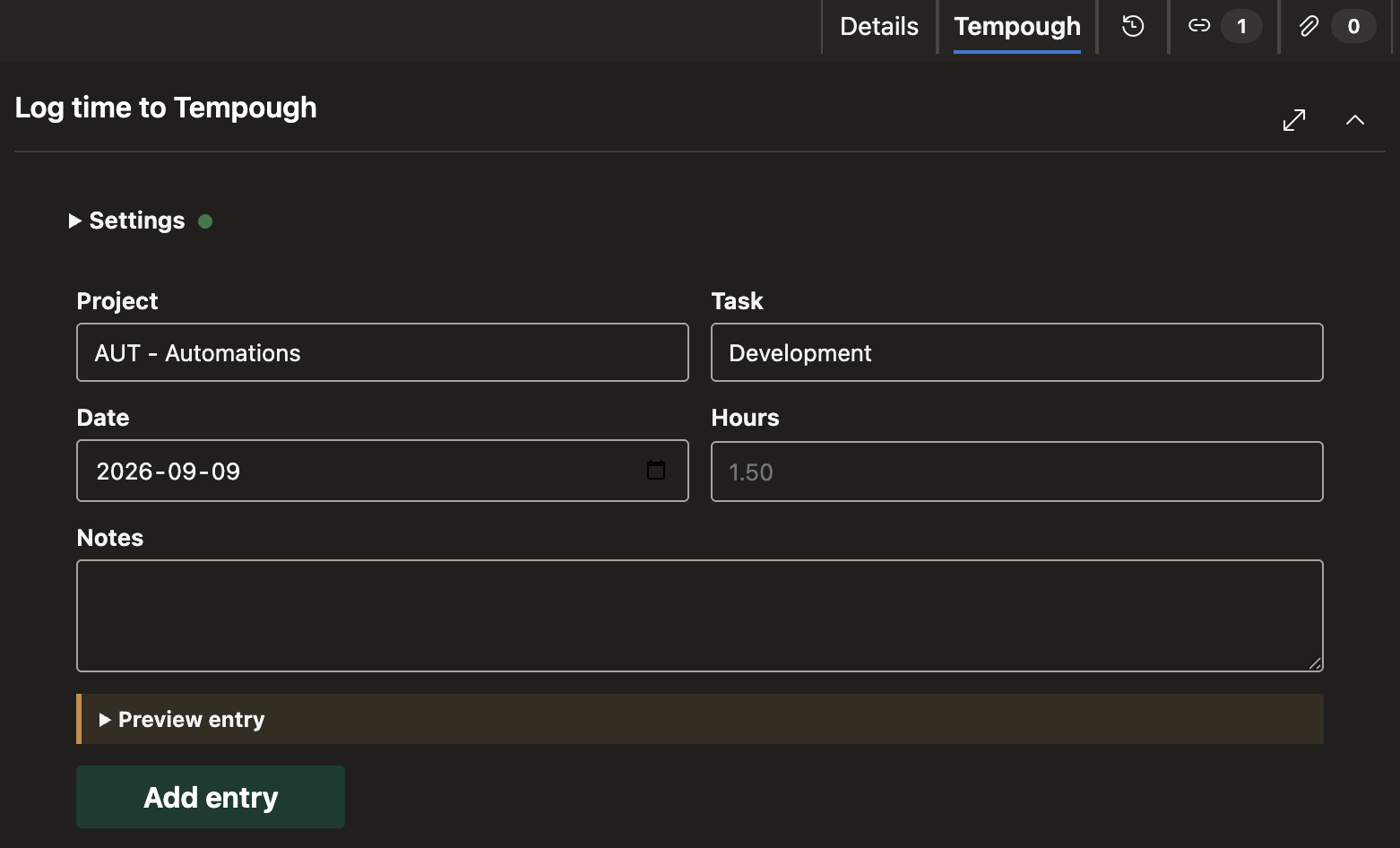 Time-entry form in an Azure DevOps work item